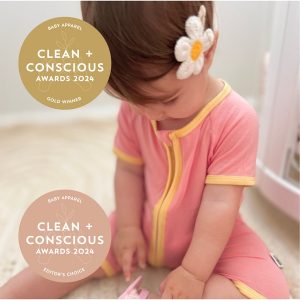 Clean + Conscious Awards Winners 2024. Best Baby Apparel. Celebrating products in Australia & NZ which are Non-Toxic, Ethical, Sustainable and Socially Responsible.