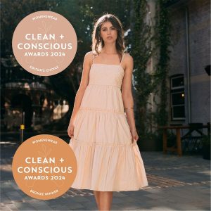 Clean + Conscious Awards 2024. Best Sustainable Womenswear. Celebrating products in Australia & NZ which are Non-Toxic, Ethical, Sustainable and Socially Responsible.