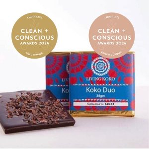Clean + Conscious Awards 2024. Best Chocolate. Celebrating products in Australia & NZ which are Non-Toxic, Ethical, Sustainable and Socially Responsible.